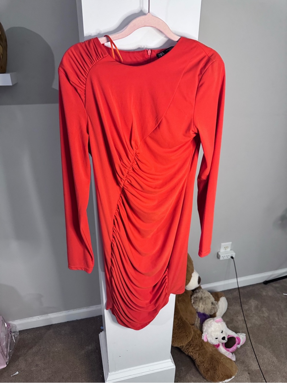 Zara NWT Red Orange Ruched Mini Dress Medium Long Sleeve Bodycon Draped Party - Picture 6 of 9